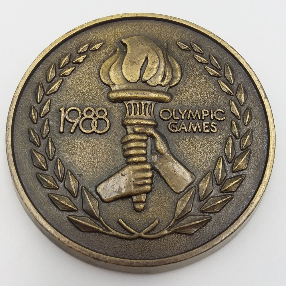 1988 Olympic Games Commemorative Coin Medal 3"‎ Torch Laurel Wreath Brass